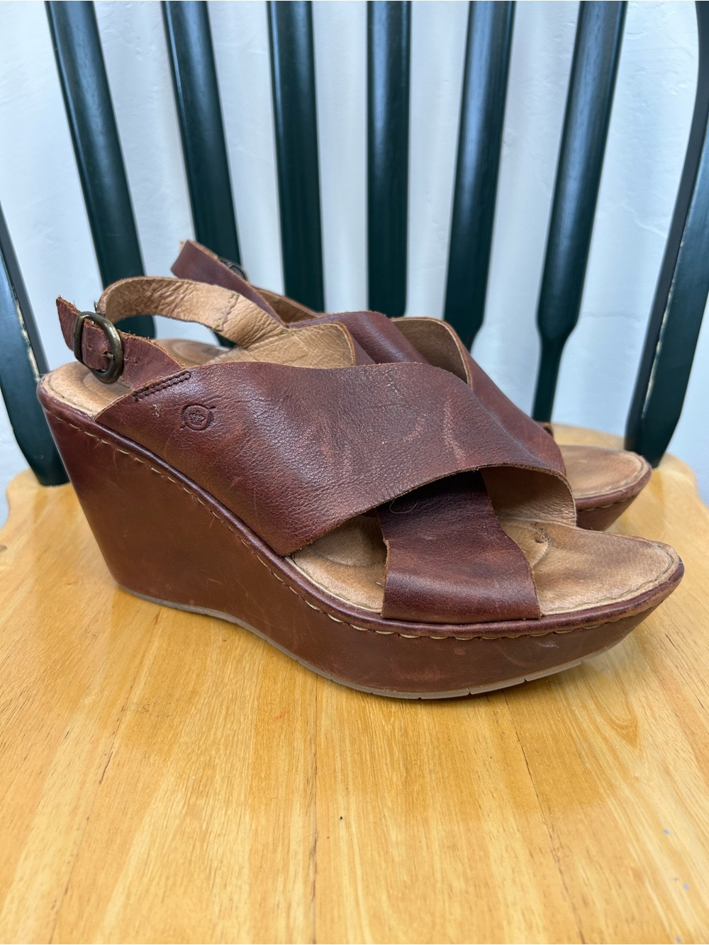 Born Brown Leather Cross-Strap Wedge Sandals Size 10 Summer Vacation Boho Retro